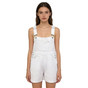 Detail of white denim dungaree shorts featuring adjustable metal buckles and chest pocket