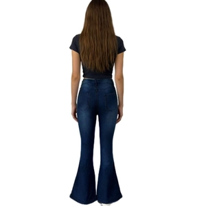 Back view of retro washed flare jeans with high waist and symmetrical back pockets