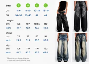 Size chart for women wide leg jeans with measurements for S, M, L, XL in US and EU sizes