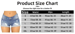 Guide des tailles pour shorts en jean femme incluant taille, hanches et mesures de longueur