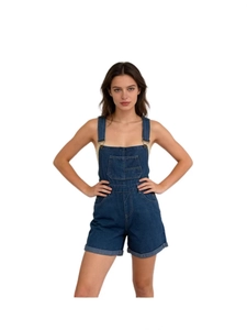 Women's dark blue denim overall shorts with adjustable straps and front pockets