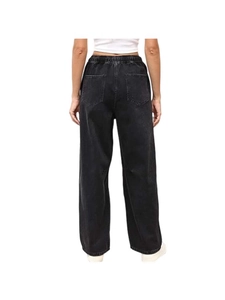 Women's high-waisted wide-leg jeans in washed black with elastic waist and back pockets