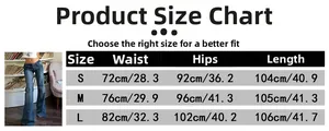 Size chart for high waist slim flare jeans with measurements for S, M, and L sizes