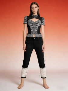 Women Fashion Lace Patchwork Straight Leg Denim Capri Pants High Waist Slim Fit Washed Cotton Jeans Casual Summer Trousers