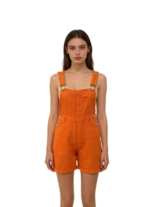 Bright orange denim overalls with multiple pockets and industrial metal buckles