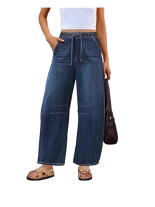 Women's dark blue wide leg denim jeans with elastic waist and vintage washed finish