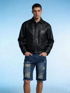 Short en Jean Déchiré Coupe Ajustée pour Hommes Mélange de Coton Taille Moyenne Bleu Streetwear Casual Été