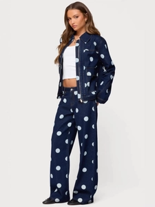 Ensemble en jean rétro bleu foncé à pois blancs pour femme, veste zippée et pantalon large