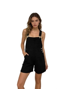 Relaxed fit black denim overalls for women with adjustable straps and front pocket