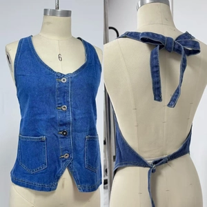 Front and back detail of blue denim vest with bow-tie open back and metal buttons