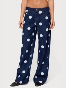 Jean large en denim bleu foncé pour femmes avec de gros pois bleu clair élégants