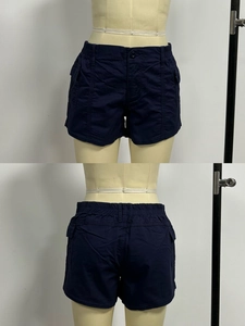 Front and back view of dark blue utility denim shorts with elastic waist and cargo pockets