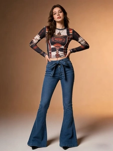 Women's vintage print crop top and high waist flare jeans with bow tie belt set