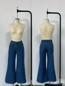Detailed front and back view of high-waisted wide leg denim jeans with five pockets