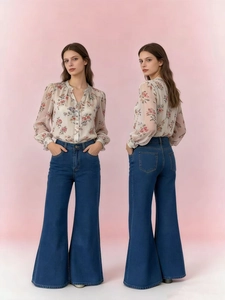 Detailed front and back view of retro high-waisted wide-leg jeans with floral shirt