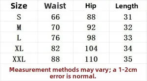 Detailed size chart for women's denim shorts showing waist, hip, and length measurements