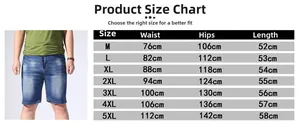 Size chart for men's casual denim shorts showing waist and hip measurements from M to 5XL