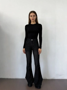 Women's vintage washed black high-waisted flare jeans and slim long sleeve knit top set