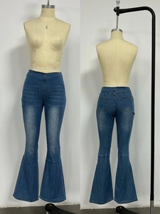 Front and back view of blue high-waisted flare jeans with washed fade and back pockets