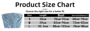 Size guide table for blue denim tube top showing length, chest and hem measurements