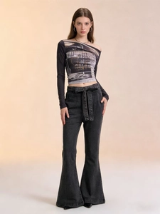 Women High Waist Flare Jeans With Tie Belt Butt Lifting Denim Wide Leg Trousers Casual Bell Bottoms Washing Denim Pants