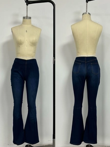 Front and back detail of high-waist dark blue flare jeans on a studio mannequin