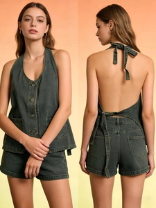 Women Vintage Wash Denim Halter Backless Vest And High Waist Shorts Summer Sleeveless Outfit Retro Casual Denim Clothes