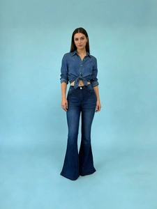 Vintage washed denim set with tied shirt and high waist flare jeans in deep blue