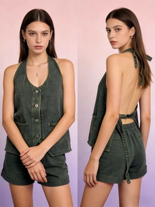 Detailed views of halter neck denim vest and shorts set with back lace-up design