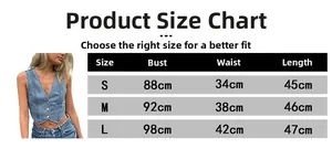 Size chart for blue denim vest with measurements for bust waist and length