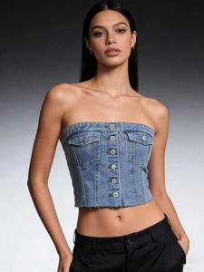 Women Sexy Denim Tube Top Vintage Slim Fit Button Up Bustier With Pockets Frayed Hem Smocked Back Sleeveless Tank Top