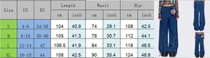 Size chart for vintage wide-leg jeans with tie-up hem details in S-XL measurements