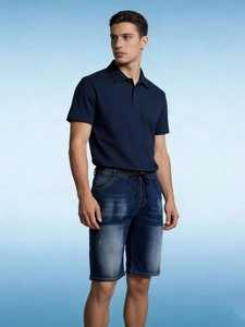 Men's denim shorts with vintage wash effect and black drawstring elastic waistband