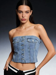 Light blue denim tube top with metal buttons and flap pockets on a studio model