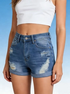 Women's high waist denim shorts with distressed ripped details and cuffed hems in blue