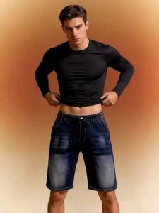 Men's athletic outfit with black long sleeve top and blue denim shorts set