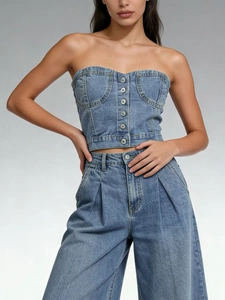Ensemble haut corset en jean ajusté et pantalon large avec lavage bleu clair