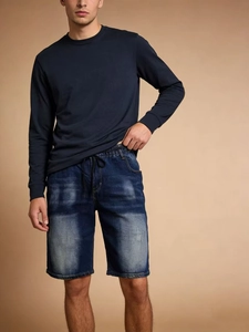 Men Casual Elastic Waist Denim Shorts Distressed Whisker Washed Mid Pants Straight Leg Summer Drawstring Jean Shorts Streetwear
