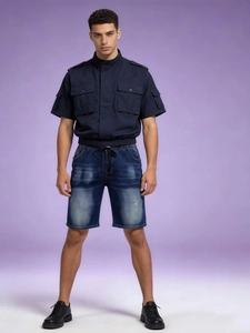 Men's navy cargo shirt and distressed denim shorts with elastic waist for summer
