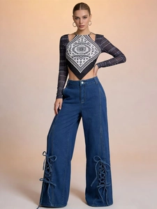 Vintage printed long sleeve top and retro wide leg jeans with side tie strap decorations