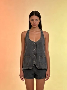 Detail of grey washed denim halter vest with metal buttons and matching shorts set
