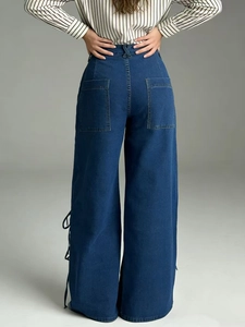 Retro loose high-waisted wide-leg jeans with side lace-up details and large back pockets