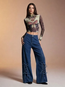 Women High Waisted Wide Leg Jeans Vintage Deep Blue Denim Pants With Side Lace Up Detail Casual Loose Straight Trousers