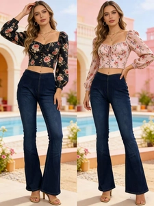 Detail van gebloemde crop top met trekkoord en flared jeans met hoge taille voor dames