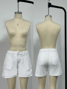 Detailed front and back view of women's white slim-fit elastic denim shorts on mannequin