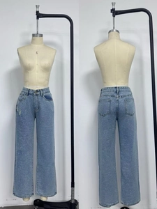 Front and back detail of light blue high-waisted wide leg jeans with ripped denim style