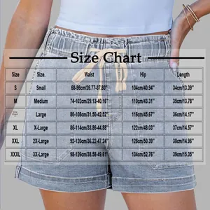 Detailed size chart for women's drawstring denim shorts from S to 3XL for perfect fitting