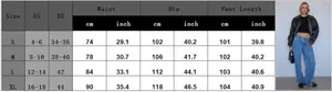Detailed size guide table for wide leg jeans showing US and EU measurements in cm and inches