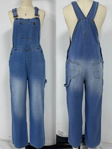 Front and back view of stylish retro loose denim overalls for women in vintage blue denim