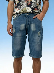 Men's casual blue denim shorts with distressed holes and cuffed hem for summer